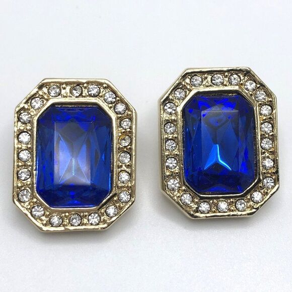 Vintage Blue Rhinestone Earrings Costume Gold Halo Extra Large Statement Glam - Picture 2 of 4
